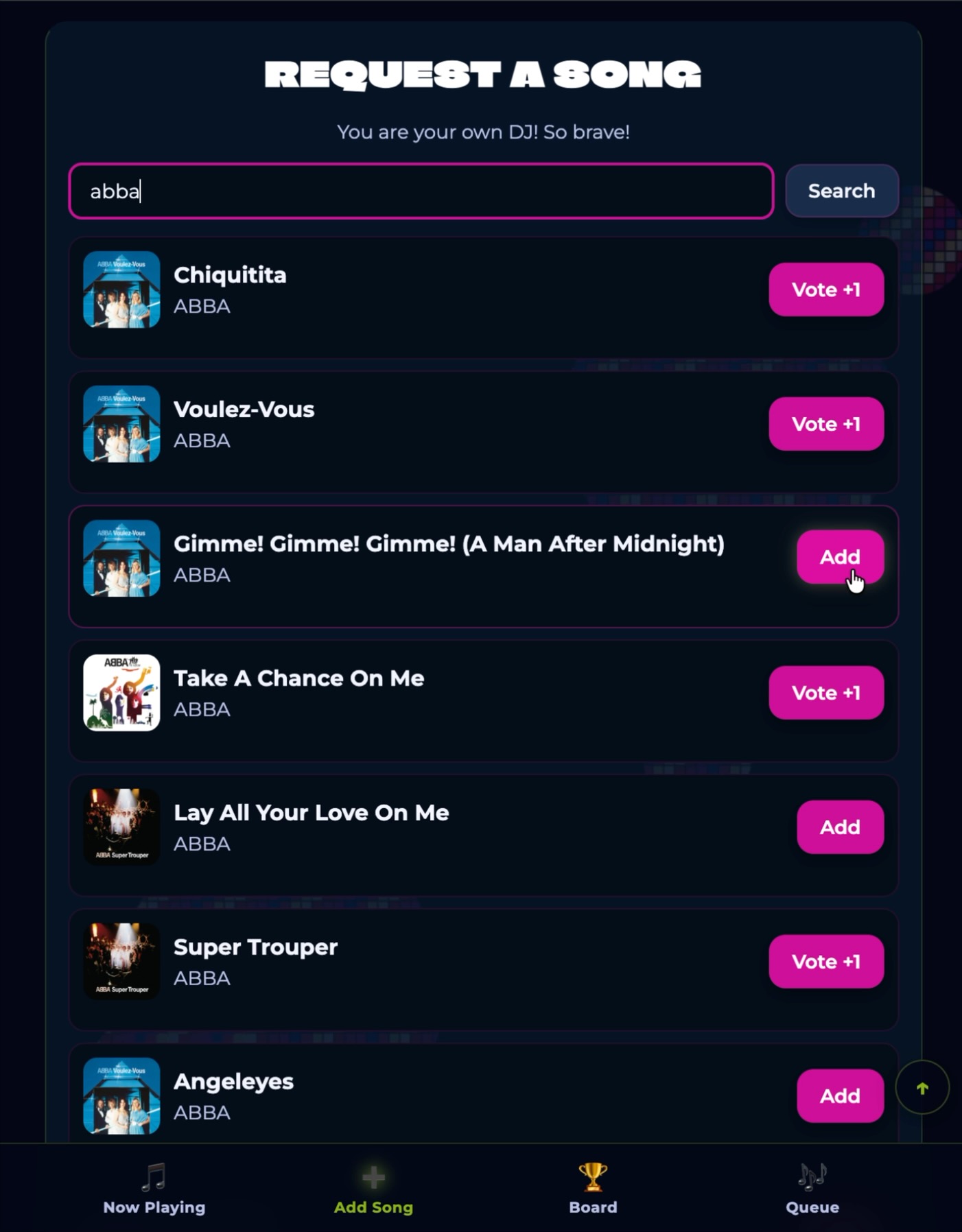 BYODJ Night app: search for a song