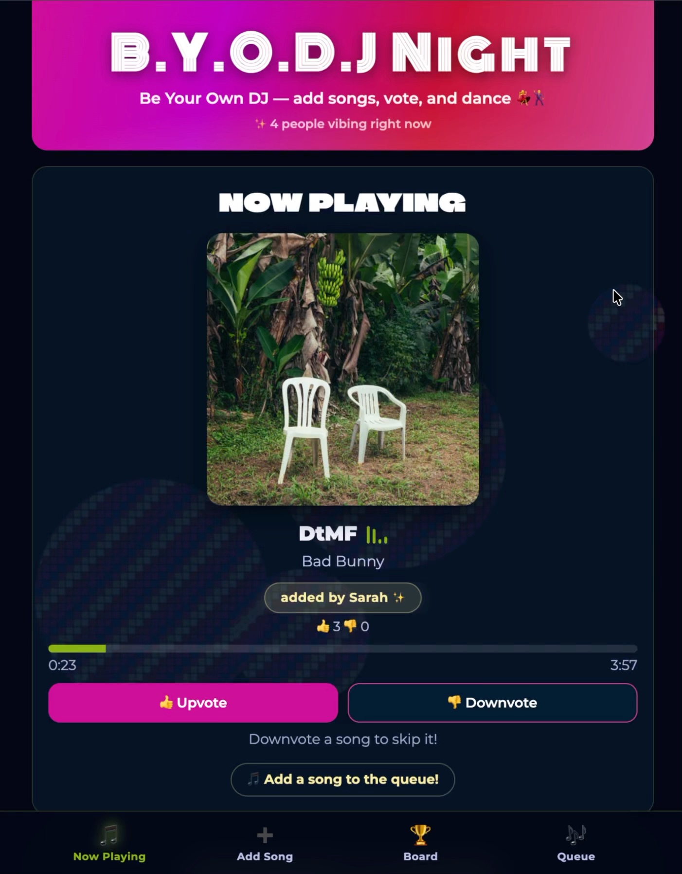 BYODJ Night app: now playing screen